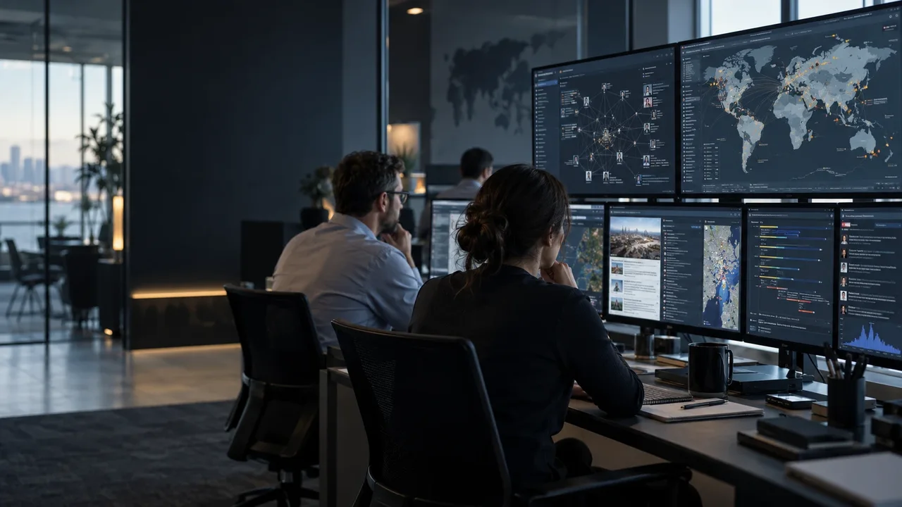 Illustrative scene of analysts researching open sources, maps and information connections