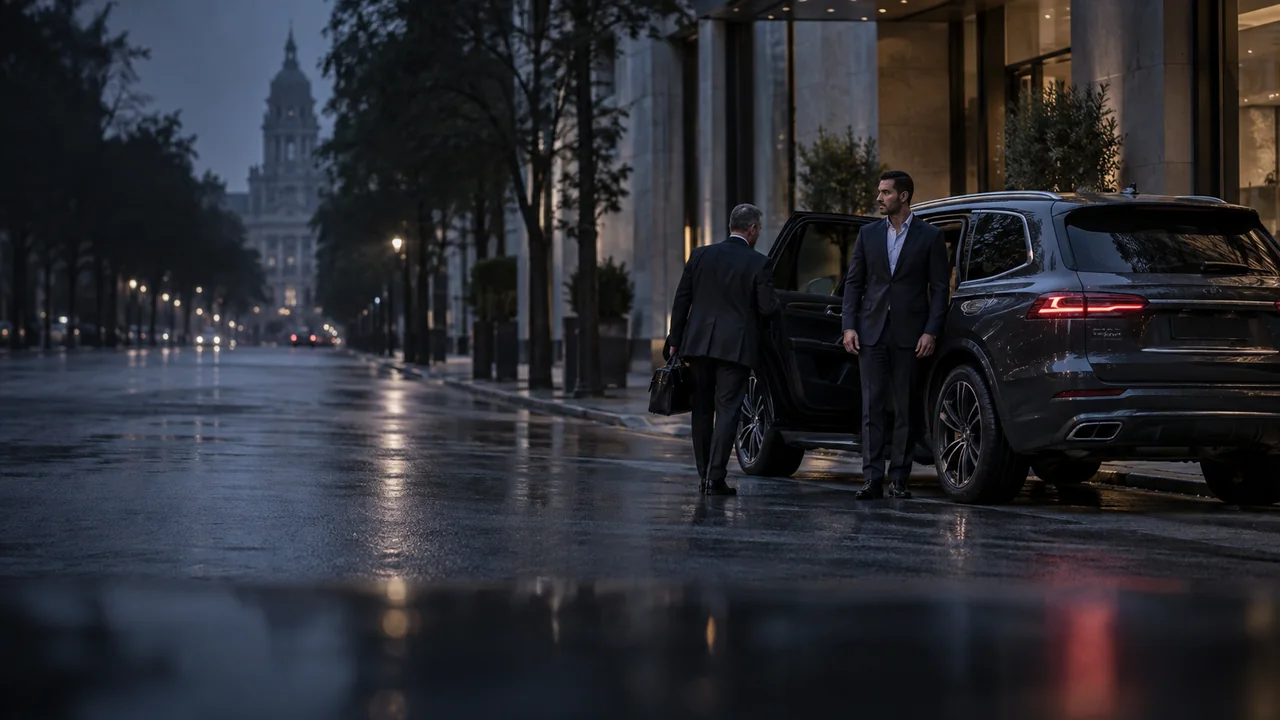 Illustrative scene of discreet executive protection during a journey