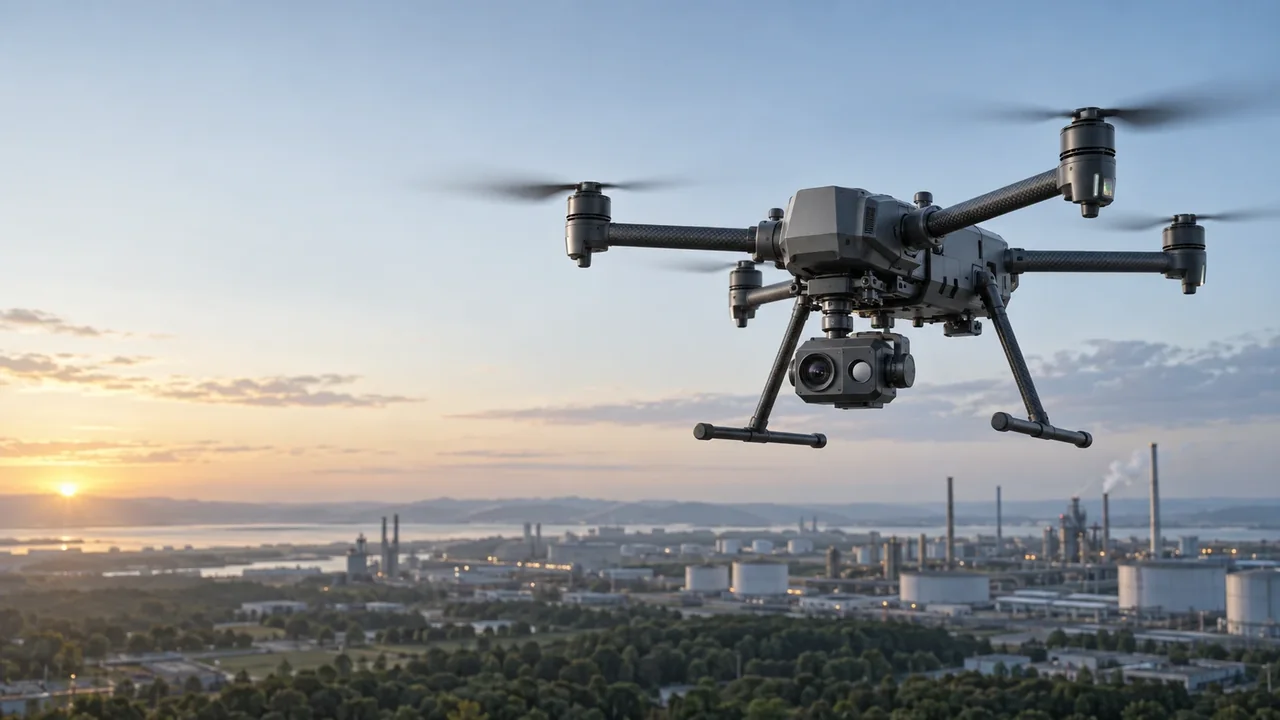 Photorealistic illustration of a professional inspection drone over an industrial environment